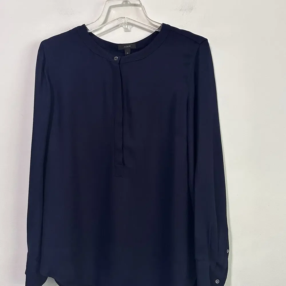 J Crew Drapey Henley Tunic Top‎ Popover Blouse 12 Navy Blue Work Long Sleeve